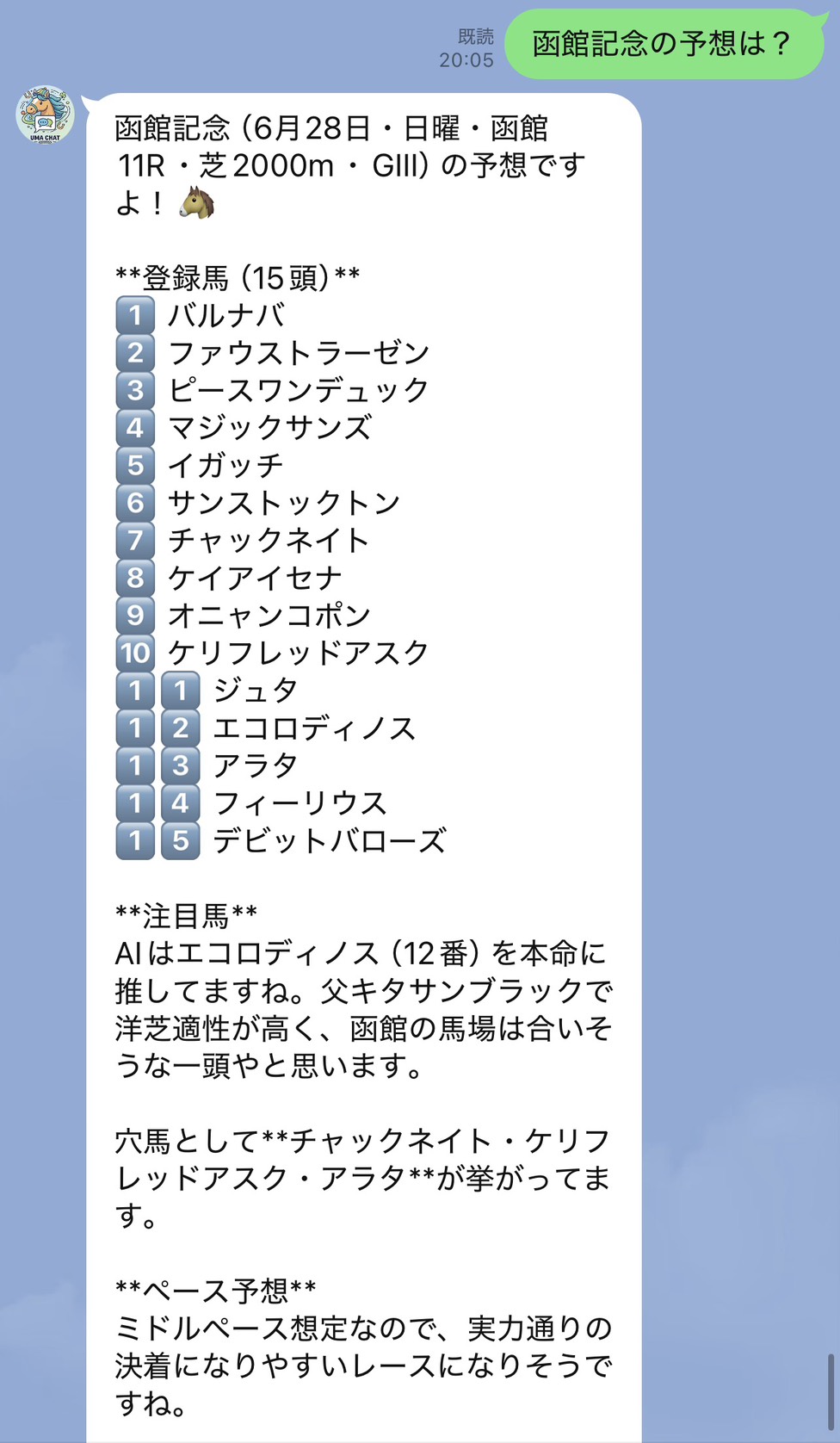 AIによる予想・分析の回答画面の例